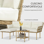 Outsunny 3-Piece Garden Set with Chaise Longue, Sofa, Cushions and Coffee Table, in Rattan and Steel, Cream White and Wood