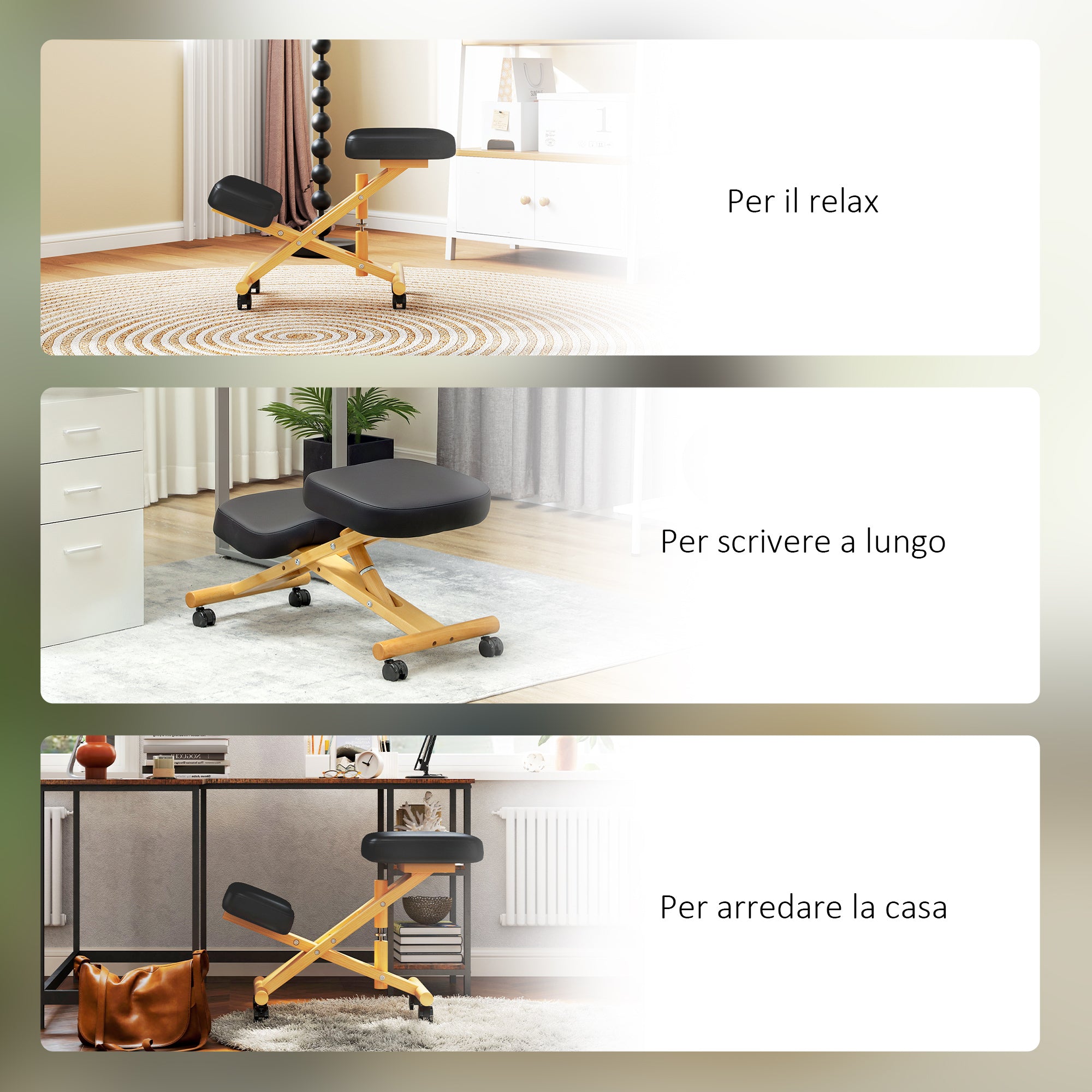 Ergonomic Postural Kneeling Chair, Adjustable Height and Wooden Wheels, Black