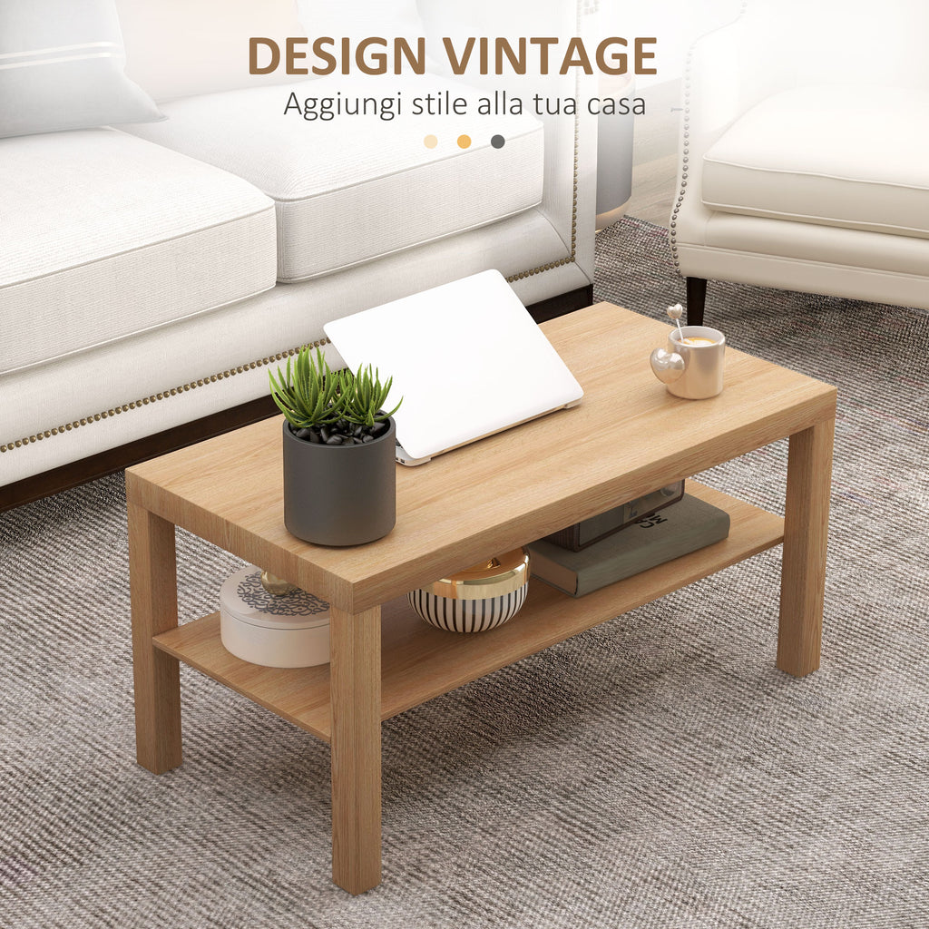 Rectangular Coffee Table with Large Shelf, 90×45×44.5 cm, Natural Wood