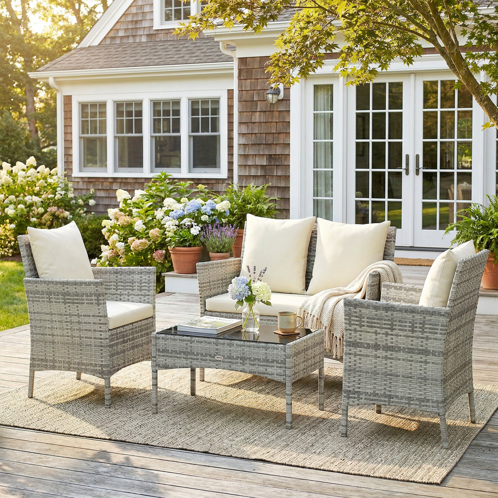 Outsunny 4-Piece Rattan Garden Lounge Set with 2-Seater Sofa, 2 Chairs, and Coffee Table, Grey
