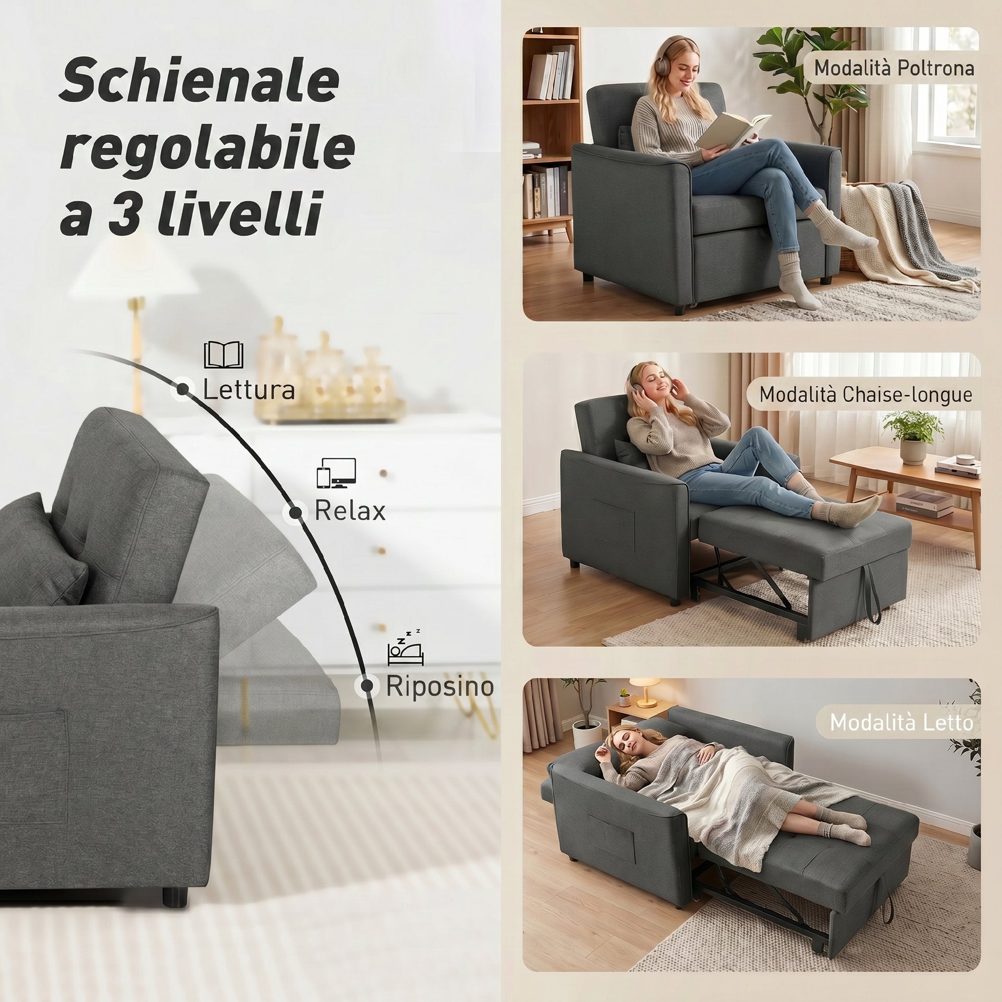 HOMCOM 3-in-1 Single Sofa Bed in Linen-Effect Fabric and Wood with Reclining Backrest, 69x82x85 cm, Grey
