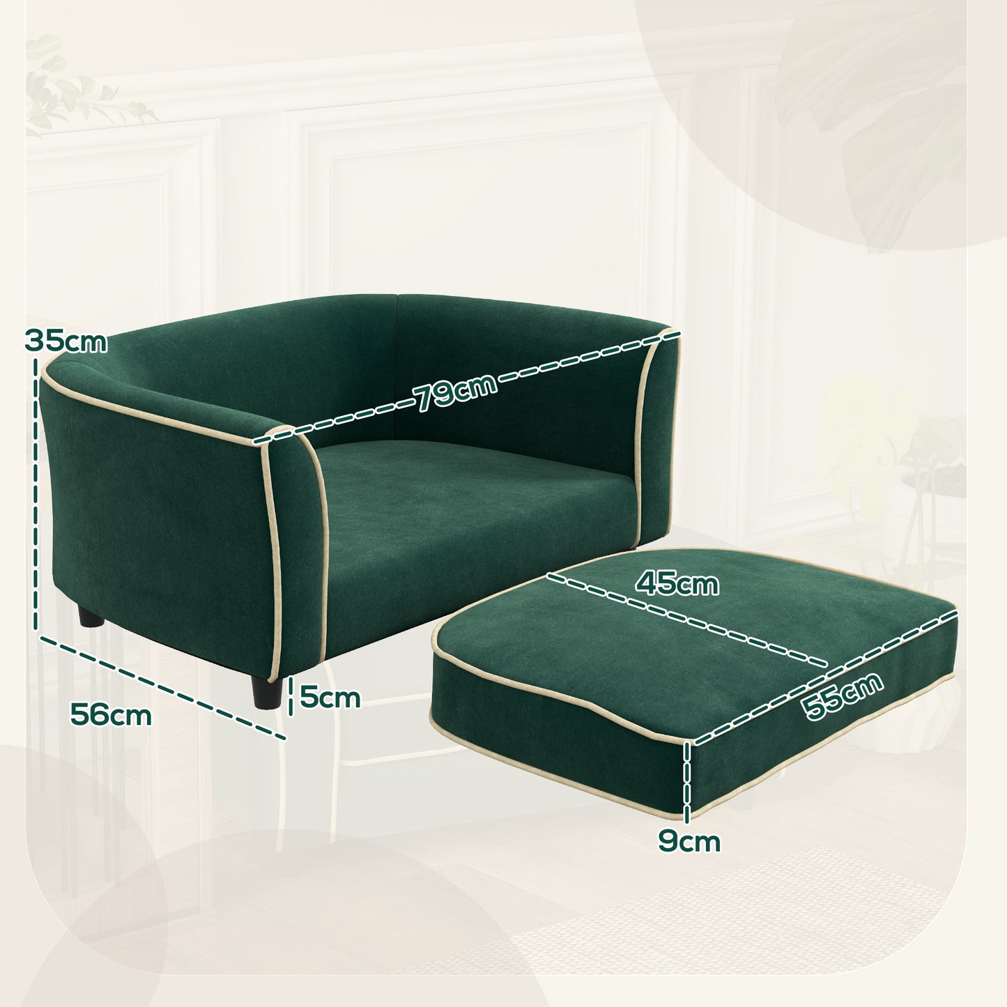 Sofa for Small and Medium Size Dogs with Cushion, in Velvet and Wood Effect Fabric, 79x56x35 cm, Dark Green