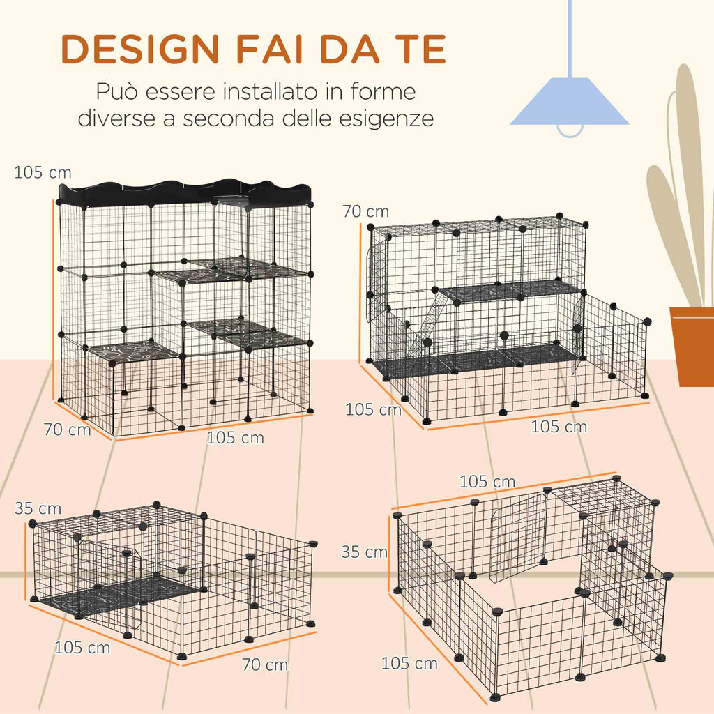 Modular and Multilevel Pet Enclosure with Ramp and 2 Doors in Steel and PP, 105x70x116 cm, Black