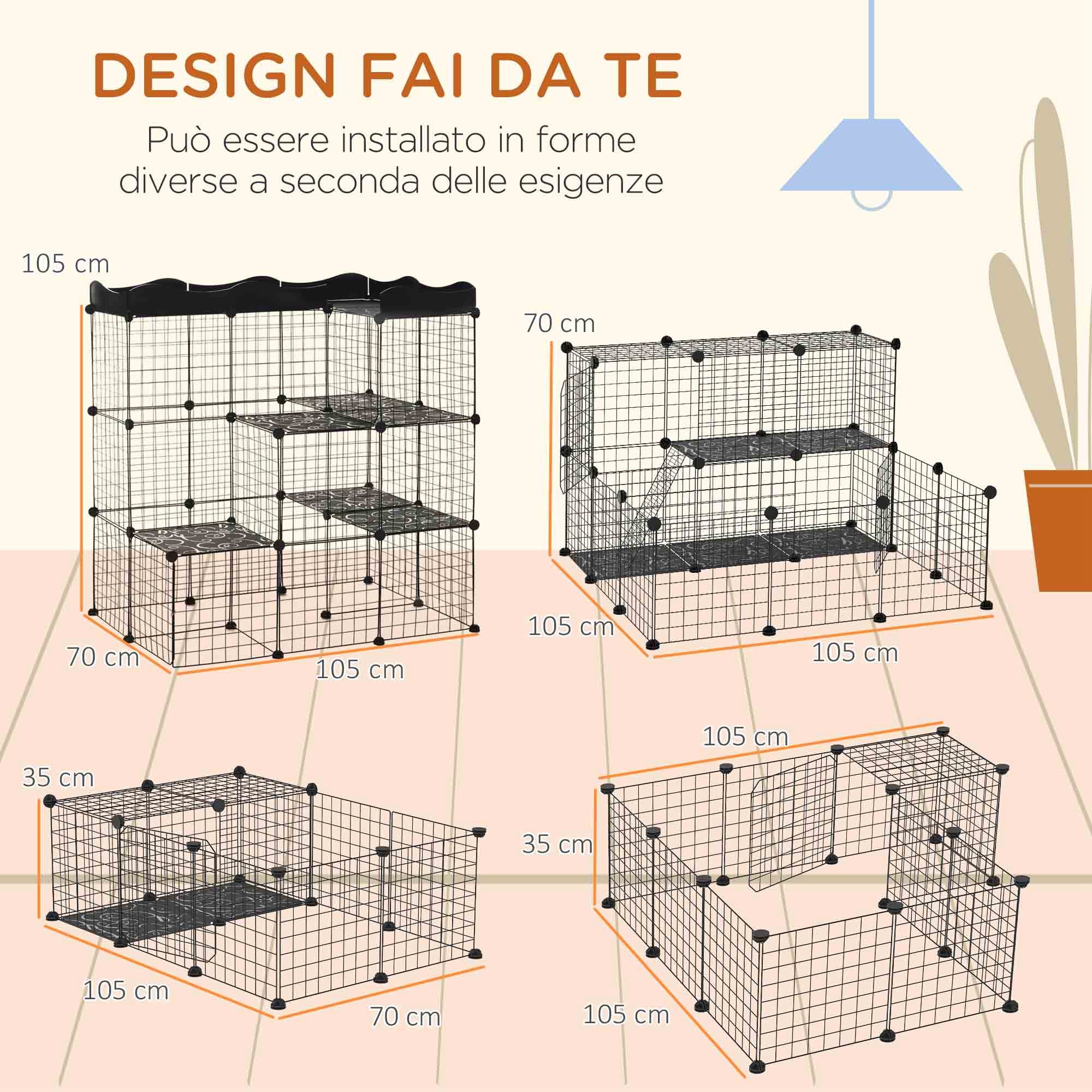 Modular and Multilevel Pet Enclosure with Ramp and 2 Doors in Steel and PP, 105x70x116 cm, Black