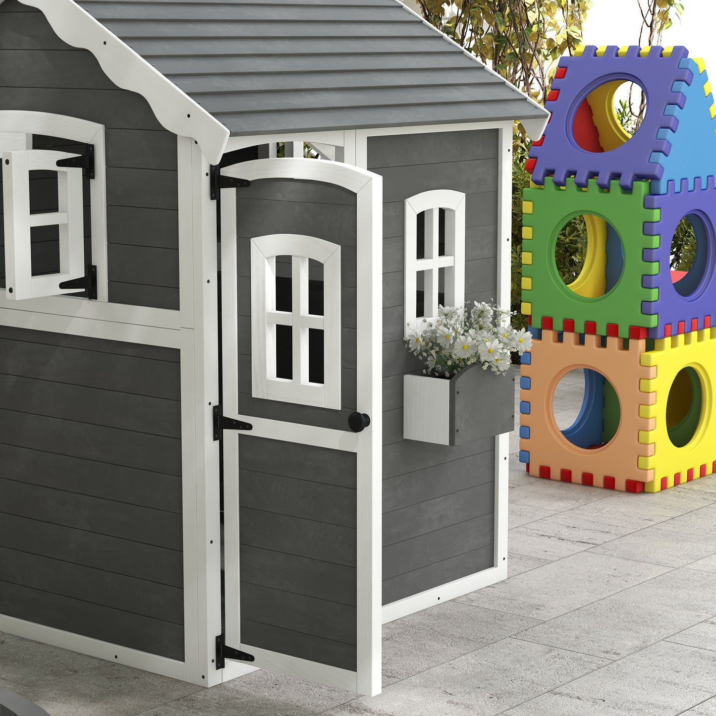 Outsunny Playhouse for Children 3-8 Years with 6 Windows and Planter, in Fir Wood, 104.5x110x137 cm, Gray - Borgè