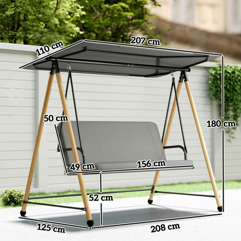 Outsunny 3-Seater Swing with Adjustable Canopy and Cushion, Made of Steel, Texteline and Polyester, 208x125x180 cm, Grey