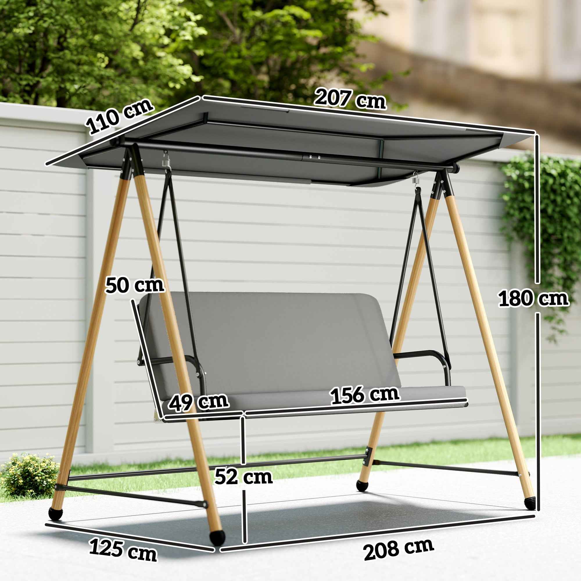 Outsunny 3-Seater Swing with Adjustable Canopy and Cushion, Made of Steel, Texteline and Polyester, 208x125x180 cm, Grey