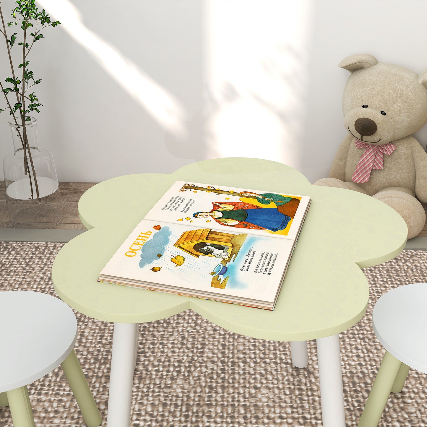 Table and Chair Set for Children 2-5 Years, 3 pieces in MDF and Pine Wood with Flower Design, Yellow and White