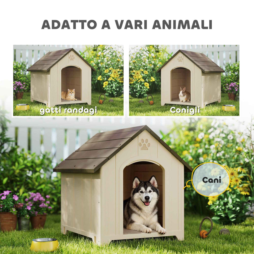 PawHut Raised Dog Kennel with Sloped Roof and Air Vents, PP, 102x94x103 cm, Beige and Dark Brown