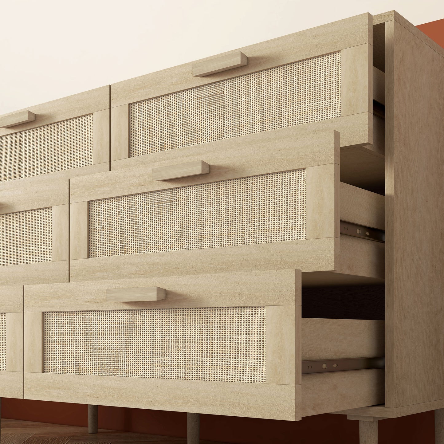 Boho 6 Drawer Chest of Drawers in Wood and Rattan Boho Style for Living Room and Bedroom, 110x40x75 cm - Borgè