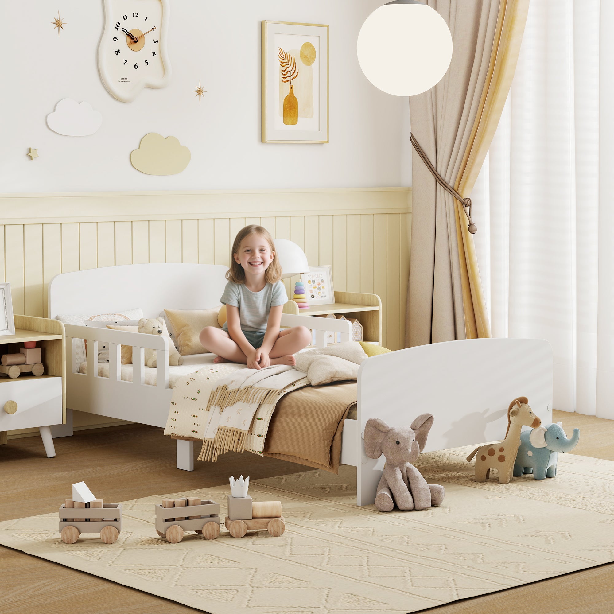 Children's Bed for 3-8 Years Low with Side Rails and Smooth Edges, Made of Wood, 143.5x74.2x54 cm, White