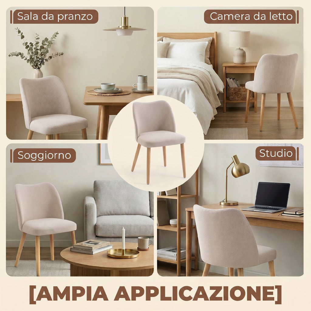 HOMCOM Set of 2 Dining Chairs in Linen-Effect Fabric and Rubber Wood, Padded Seat, Curved Backrest, Cream
