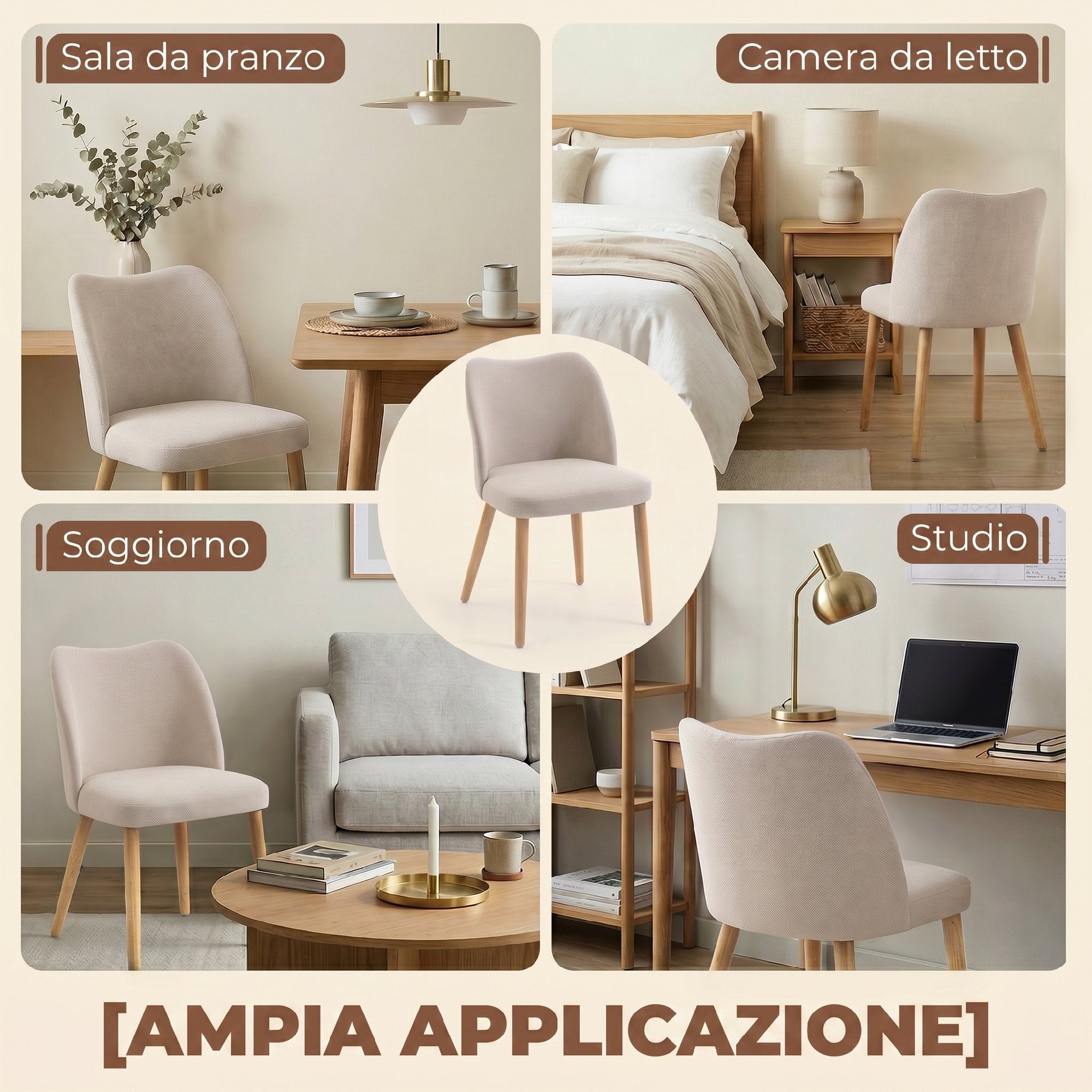 HOMCOM Set of 2 Dining Chairs in Linen-Effect Fabric and Rubber Wood, Padded Seat, Curved Backrest, Cream
