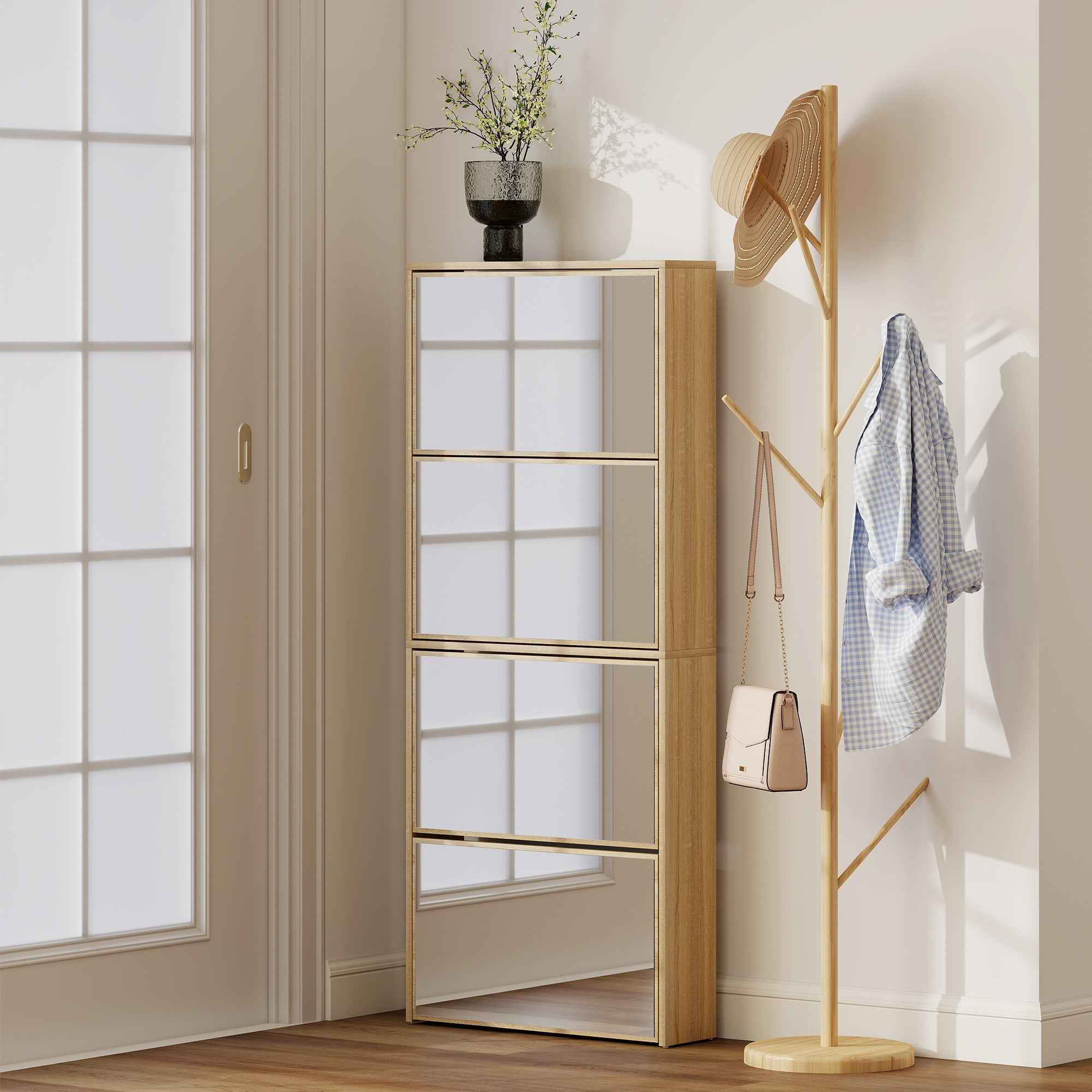 HOMCOM 4-Door Mirrored Shoe Rack, Anti-Tip, Wood Color, 63x17x146 cm