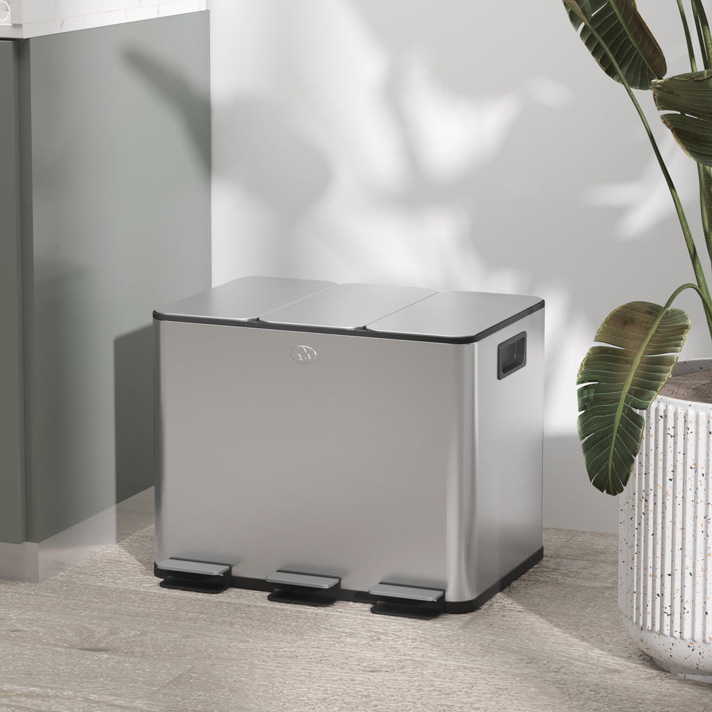 TRES - 20L 3-Section Dustbin with Silent Closure, Stainless Steel and PP, 61.9x36. 6x56. 7 cm