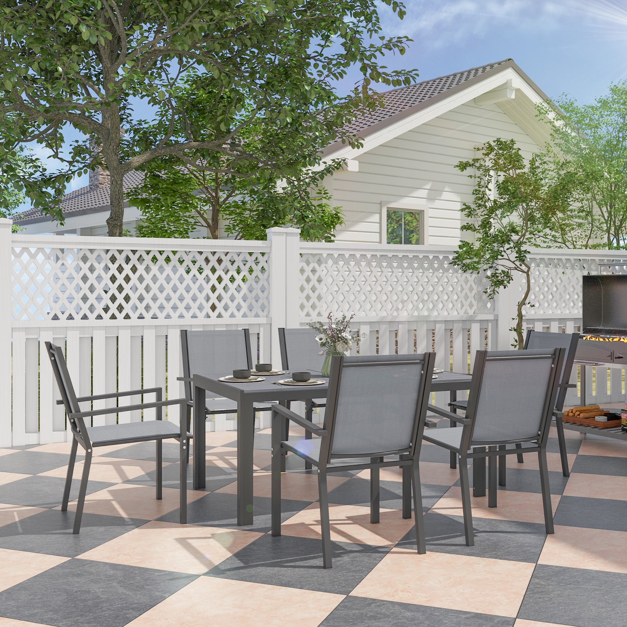 Outsunny Garden Set with 6 Stackable Chairs and Rectangular Dining Table, Light Grey
