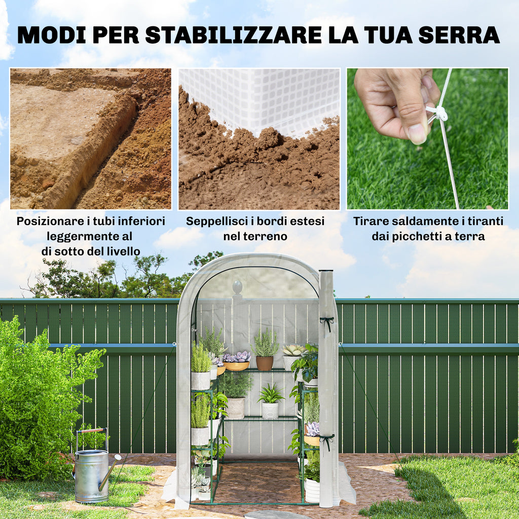 Outsunny Garden Greenhouse with 2-Tier Shelves and Roll-Up Door, Steel and PE, 123x187x189 cm, White