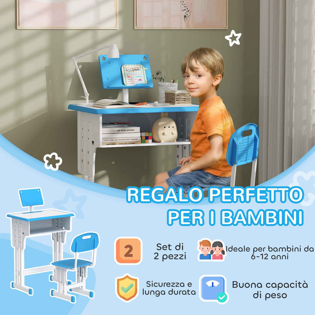 School Desk for Children 6-12 Years with Adjustable Height with Lectern and Shelf, in Steel and MDF, Blue