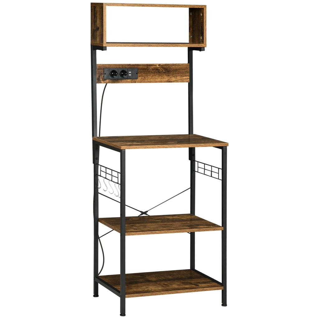 HOMCOM Kitchen Shelf with Power Strip, Shelves and Hooks Industrial Style, 60x42x153cm, Brown - Borgè