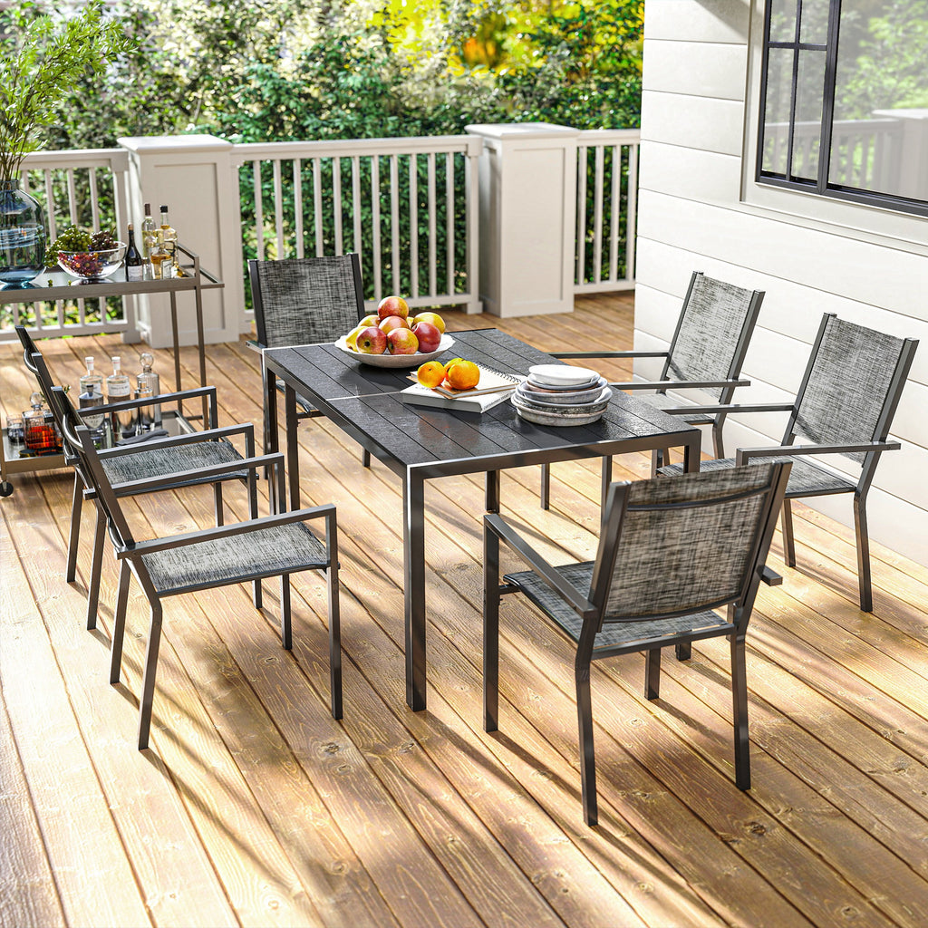 7 Piece Steel Garden Set with Rectangular Table and 6 Breathable Stackable Chairs, Grey and Black