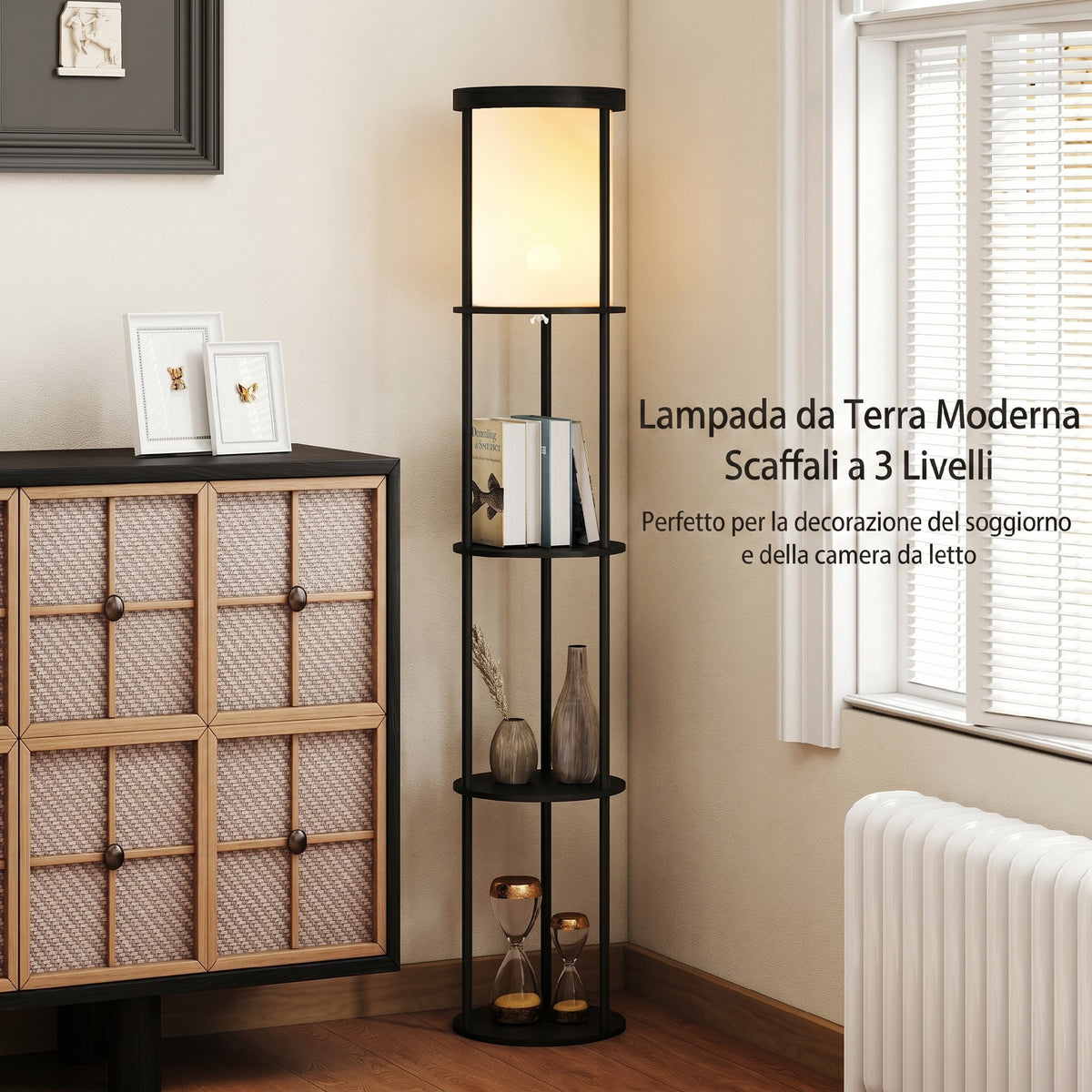 HOMCOM LED Floor Lamp with Round Shelves, Fabric Shade, Foot Switch and Remote Control, Black