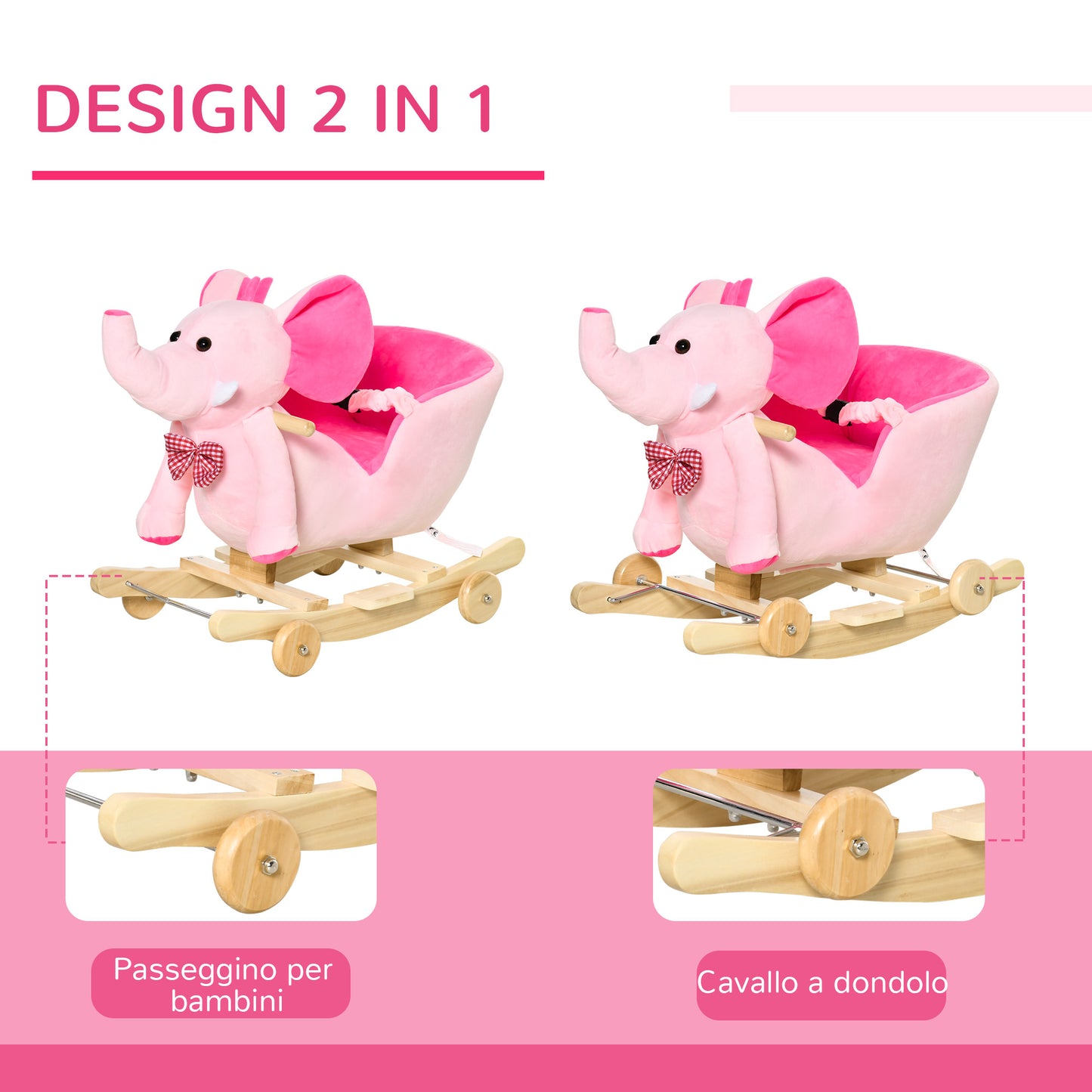 Elephant-shaped Rocking Animal with Wheels and Belt, Plush, Wood and Steel, 60x35x45 cm, Pink