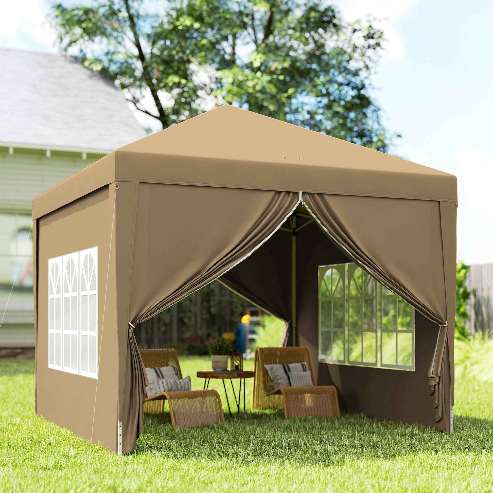 Outsunny 3x3m Folding Outdoor Gazebo with 4 Side Panels, Steel and Oxford Fabric, Khaki