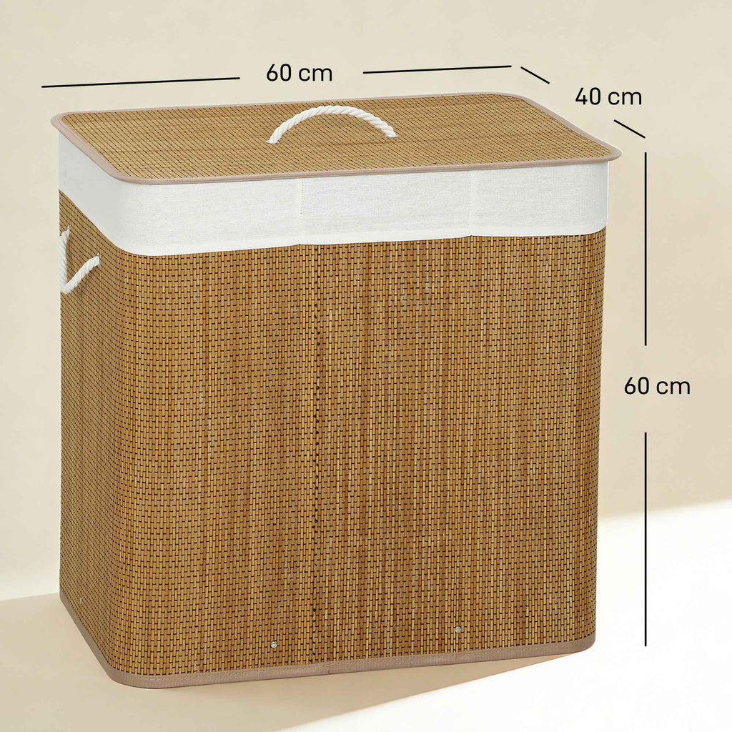 HOMCOM Bamboo Laundry Hamper with Lid, 144L, 3 Compartments, Removable and Washable Bag, Handles, Brown