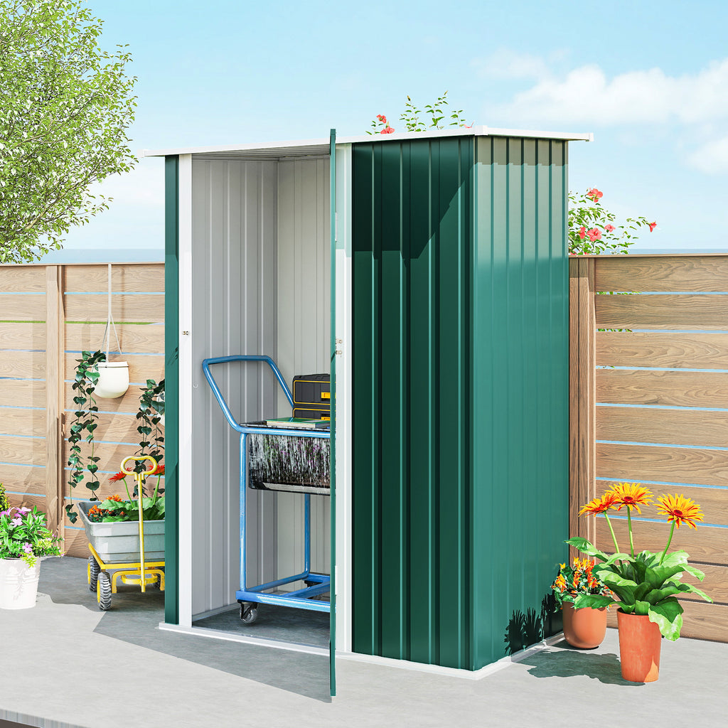 Outsunny Metal Tool Shed with Sloped Roof and Lockable Door, 142x86x189 cm, Green