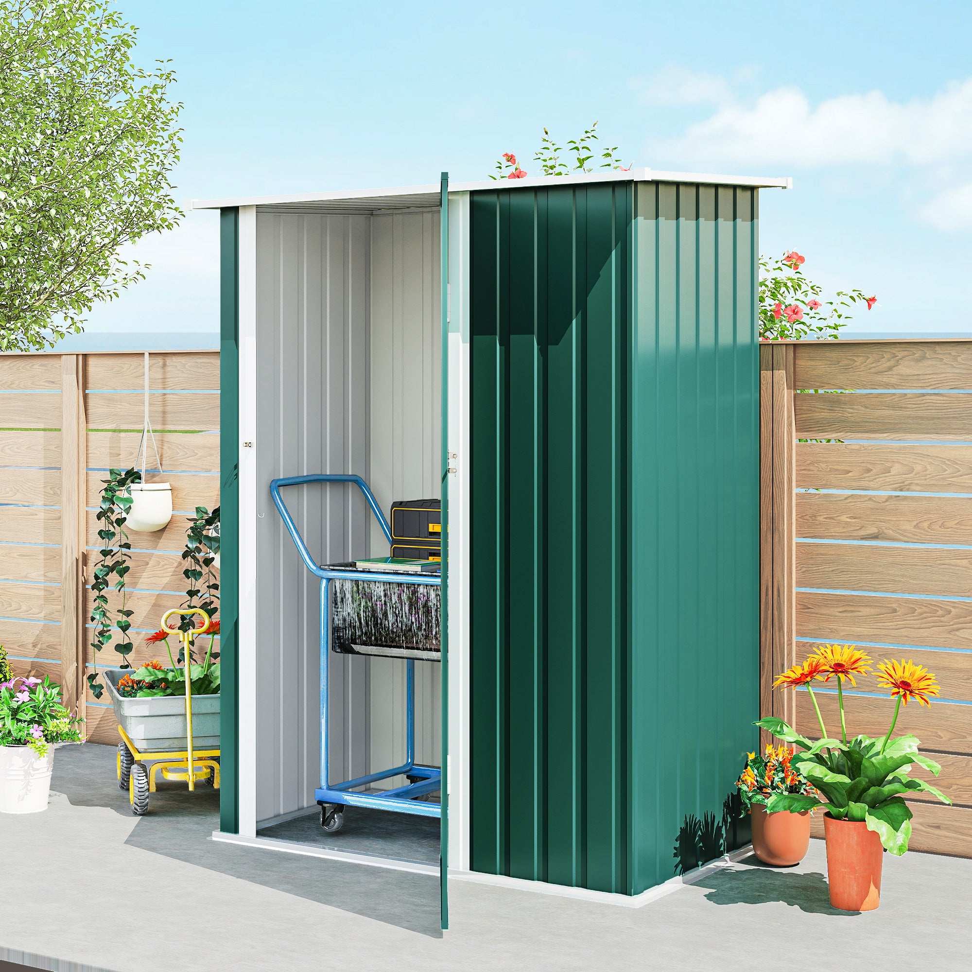 Outsunny Metal Tool Shed with Sloped Roof and Lockable Door, 142x86x189 cm, Green