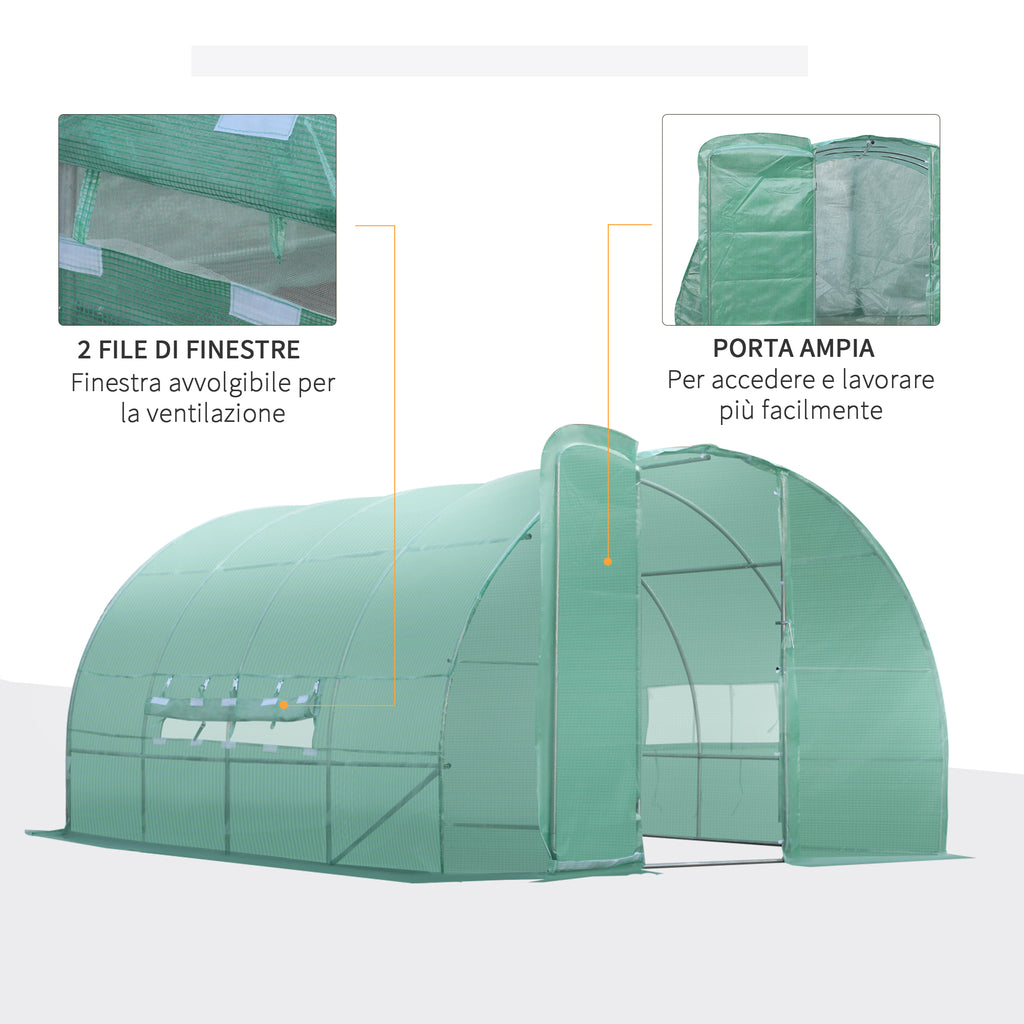 Tunnel Greenhouse with Door and 8 Windows, Garden Greenhouse in PE and Galvanized Metal, for Growing Plants, 600x300x200cm