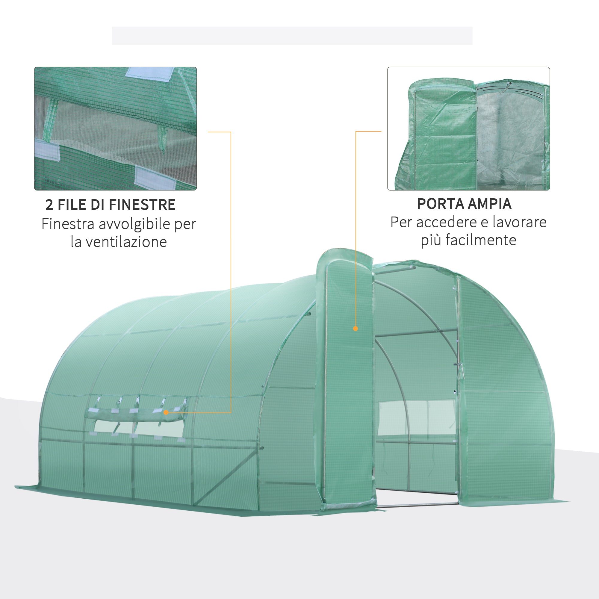 Tunnel Greenhouse with Door and 8 Windows, Garden Greenhouse in PE and Galvanized Metal, for Growing Plants, 600x300x200cm