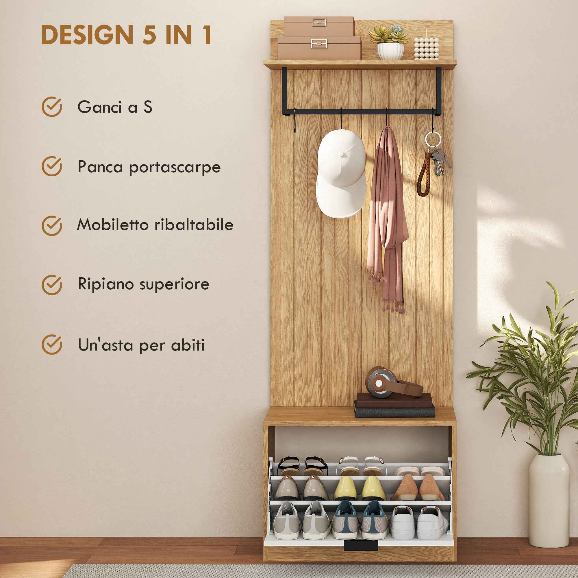 HOMCOM Hallway Furniture with Bench, Shoe Rack and Coat Rack with 4 Hooks, 60x30x170 cm, Oak and White