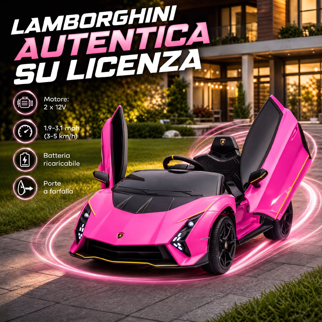 AIYAPLAY Electric Ride-On Car for Kids 3-6 Years Old, 12V Authentic Lamborghini with 2 Motors, Scissor Door, Suspension, Pink