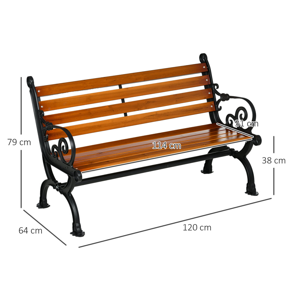 Outsunny 2-Seater Garden Bench in Aluminum and Wood with Slats and Armrests, 120x64x79cm, Teak