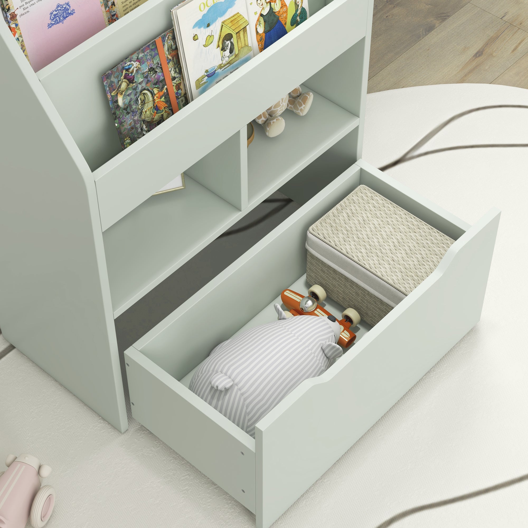 Small Children's Bookcase with MDF Shelves and Drawer, 60x29.9x90cm, Green