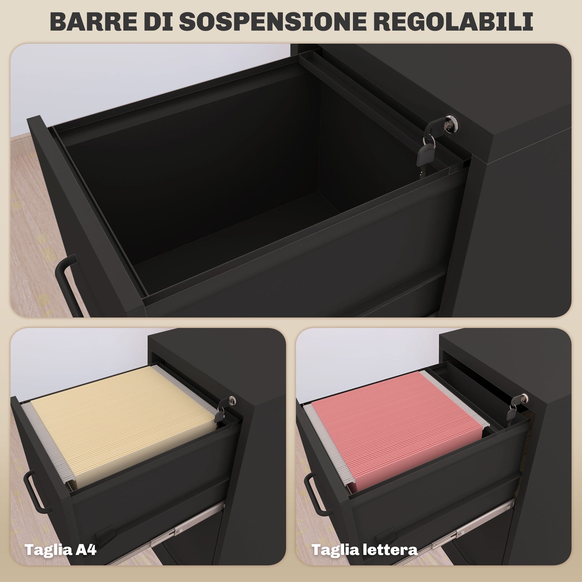 Minimal 3-Drawer Document Cabinet with Adjustable Bar, Steel, 36.5x46.2x99 cm, Black