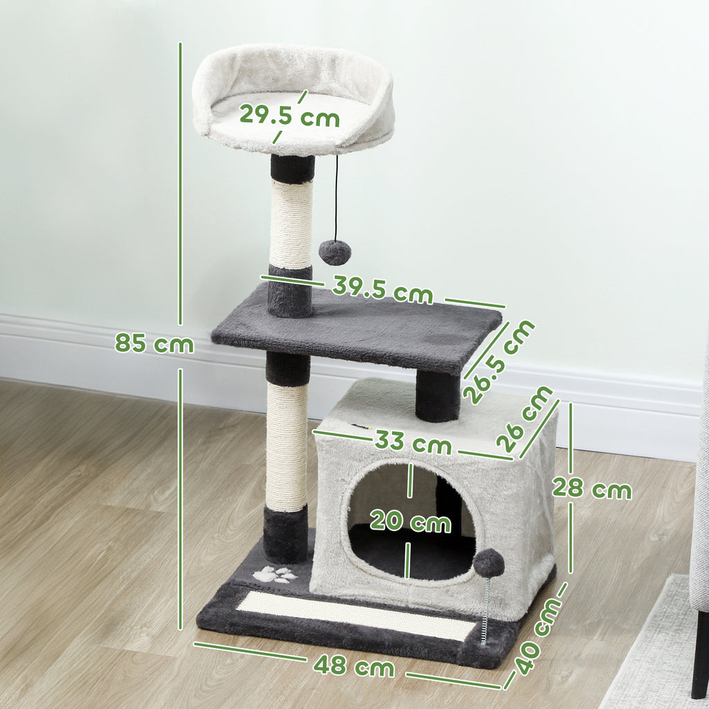 Cat Tree, 85 cm Tall, with House, Bed, Posts and Scratching Mat, Grey