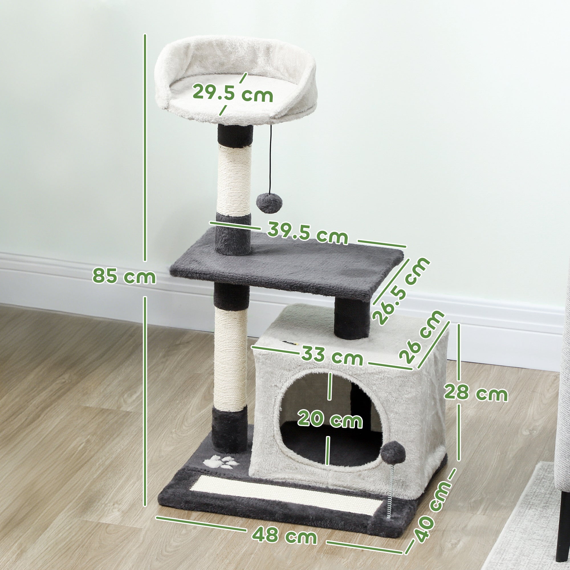 Cat Tree, 85 cm Tall, with House, Bed, Posts and Scratching Mat, Grey