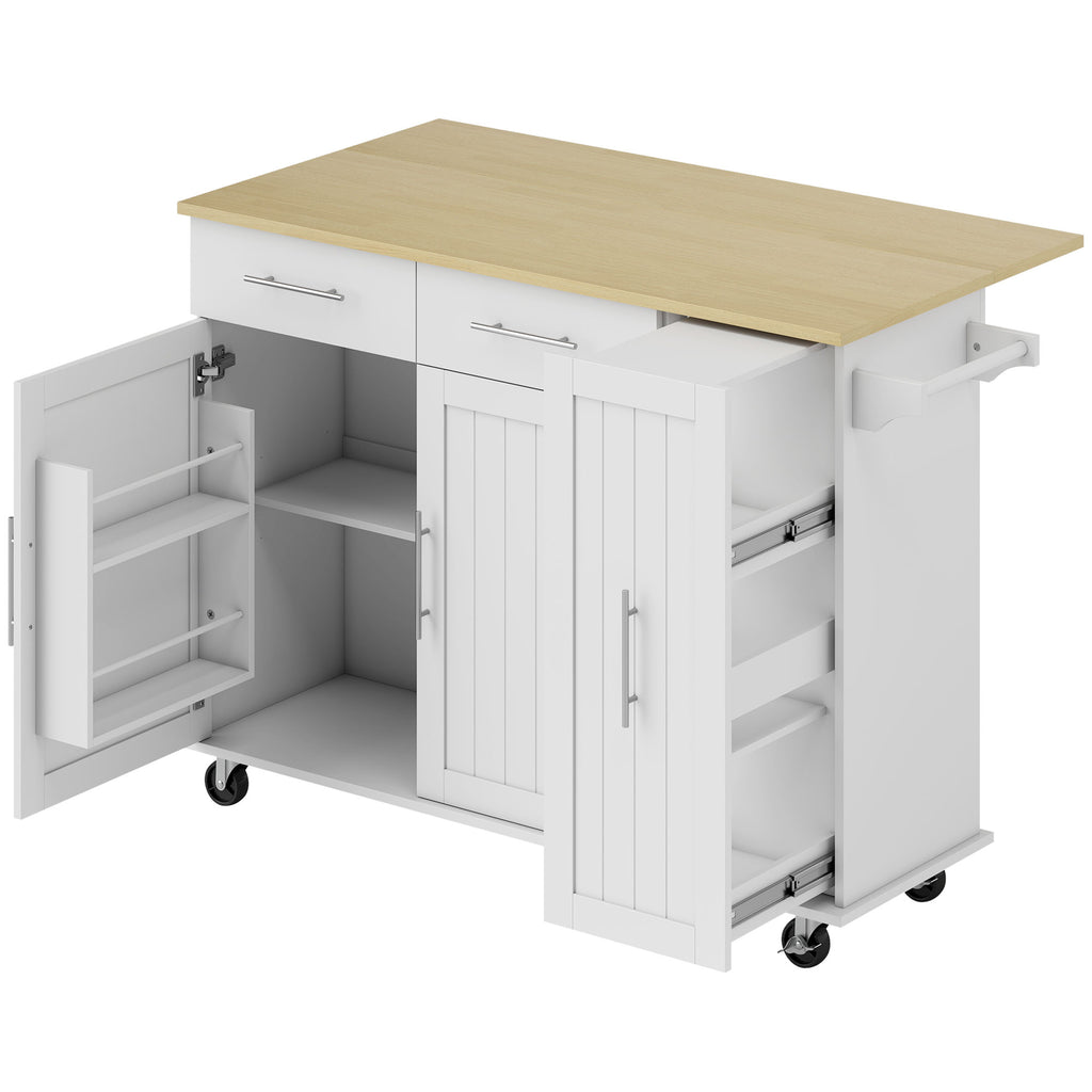HOMCOM 5-Wheel Kitchen Island with Towel Rack, 2 Drawers, 4 Shelves and Cabinet, Wooden, 129x65x91 cm