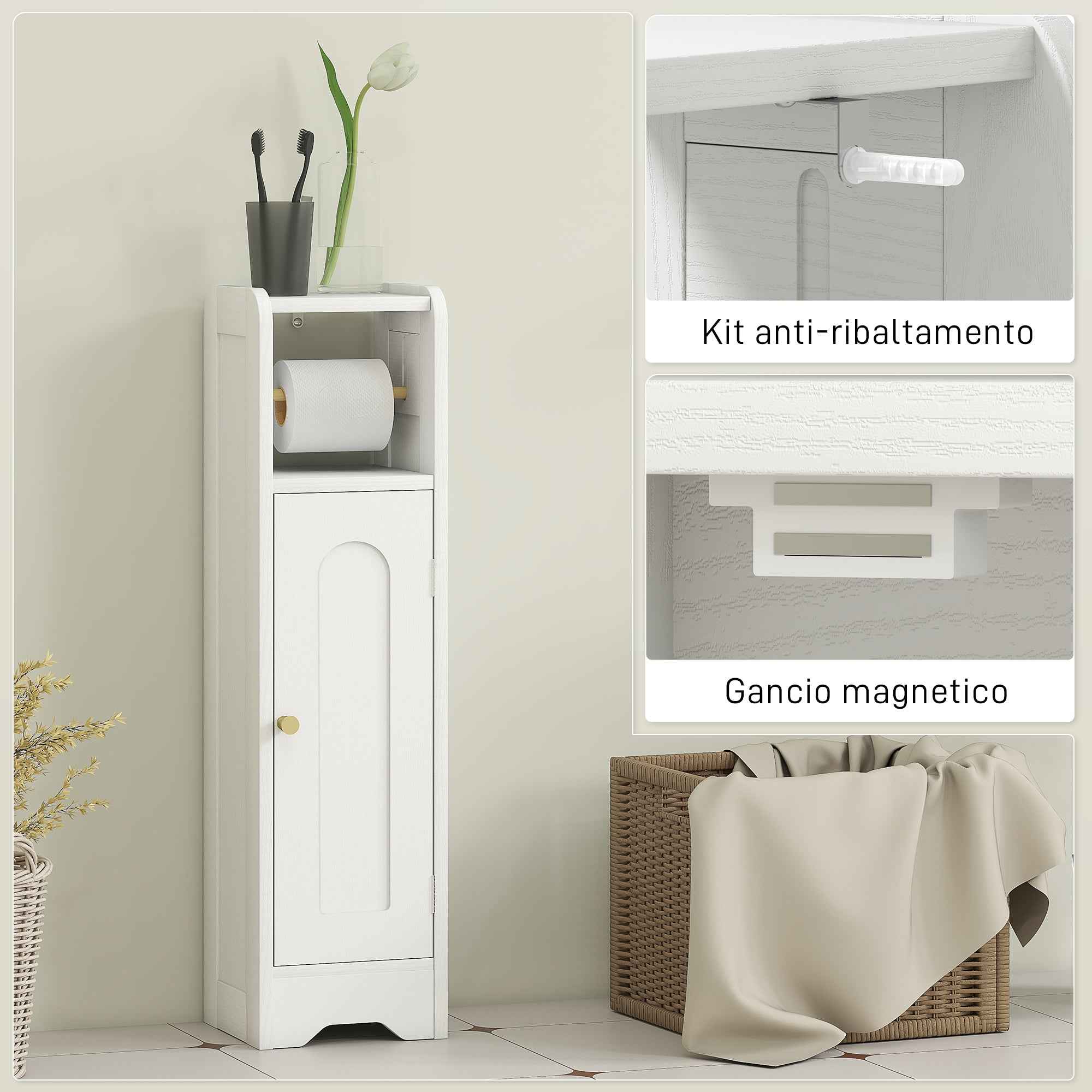 HOMCOM Wooden Toilet Paper Holder Cabinet with Adjustable Internal Shelf, 21x20x79 cm, White