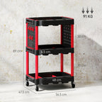 3-Tier Plastic Tool Cart with Side Perforated Panel, Black and Red