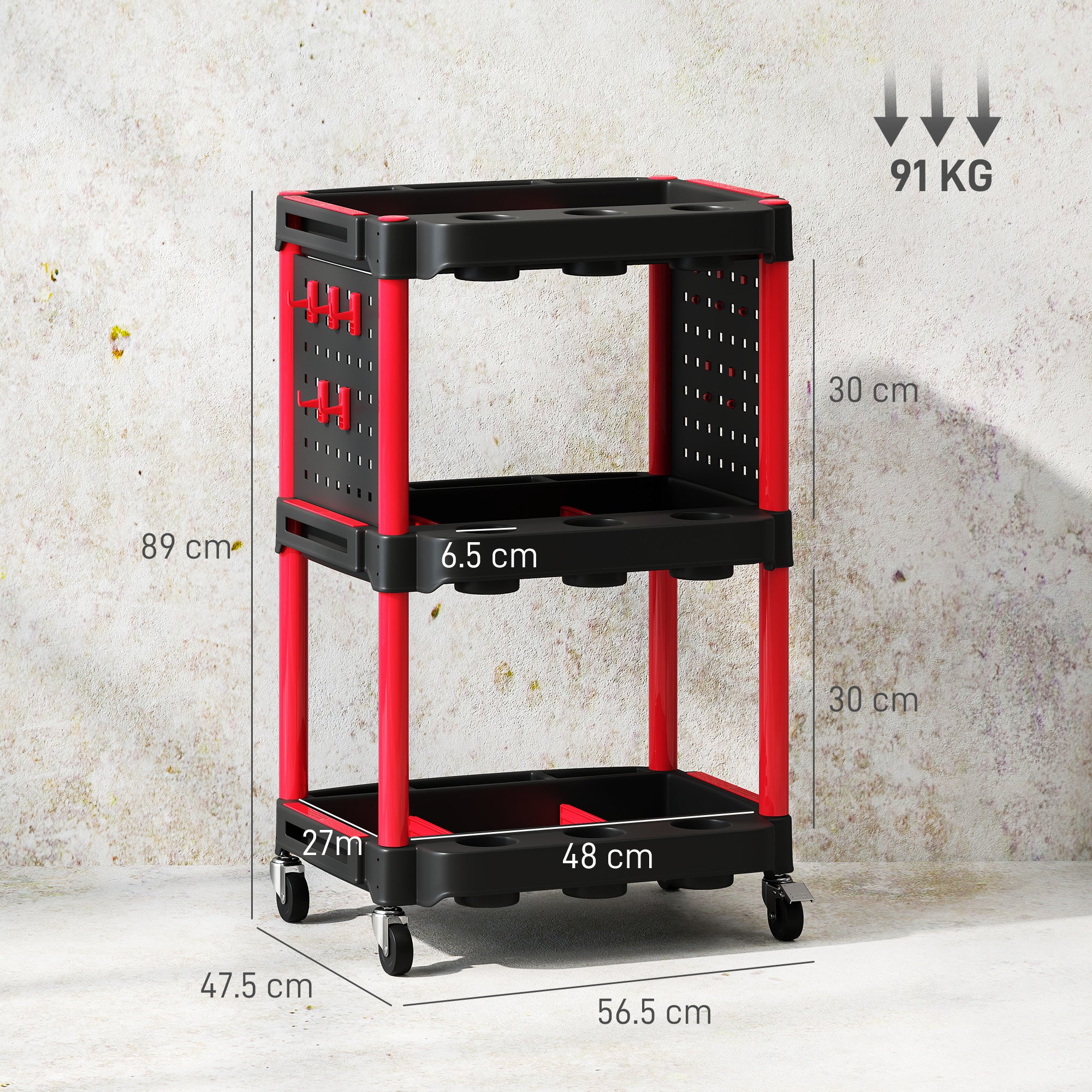 3-Tier Plastic Tool Cart with Side Perforated Panel, Black and Red
