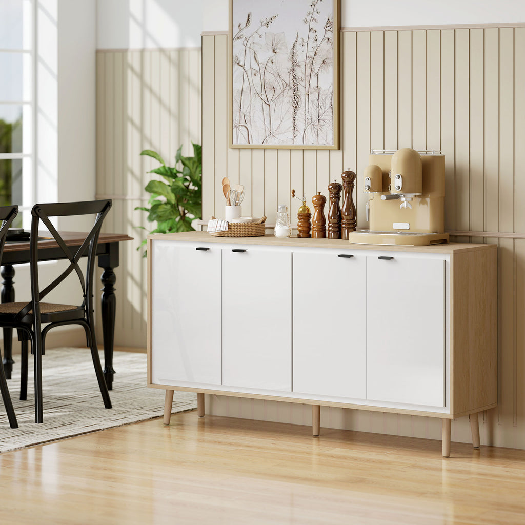 Modern 4-Door Sideboard with Adjustable Shelf, 141x35x77 cm, Gloss White and Oak