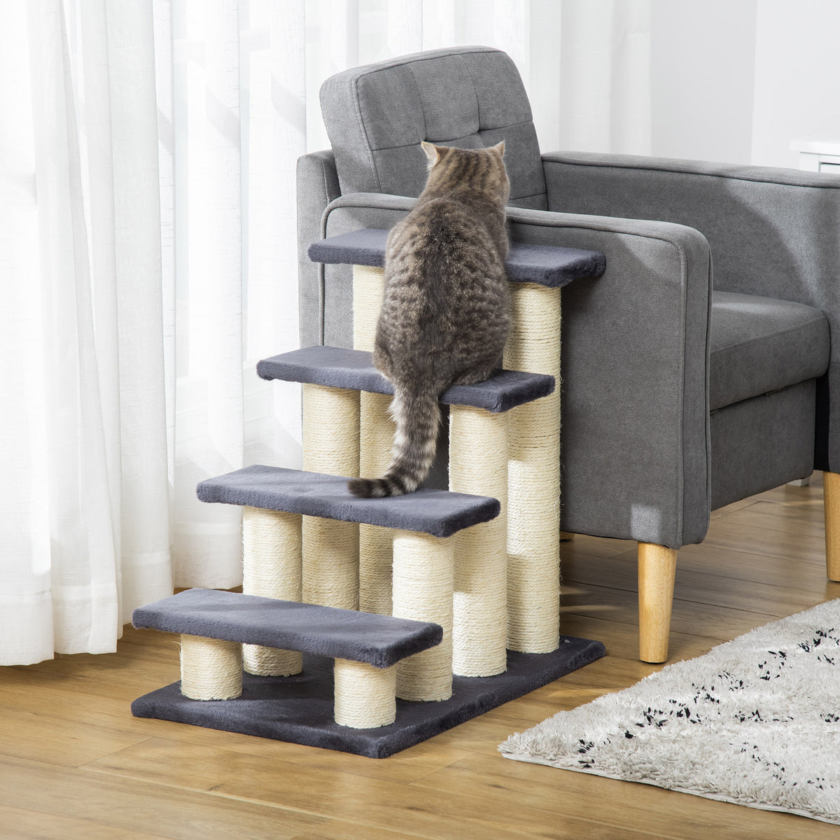 PawHut 4-Step Plush Dog and Cat Ladder with Sisal Scratching Posts, Grey