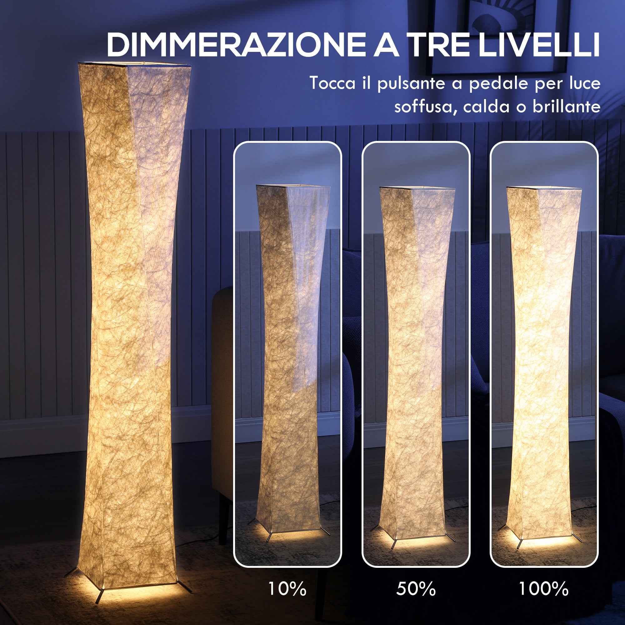HOMCOM Modern Floor Lamp with Foot Switch, Steel and Fabric, 25x25x129 cm, White and Silver