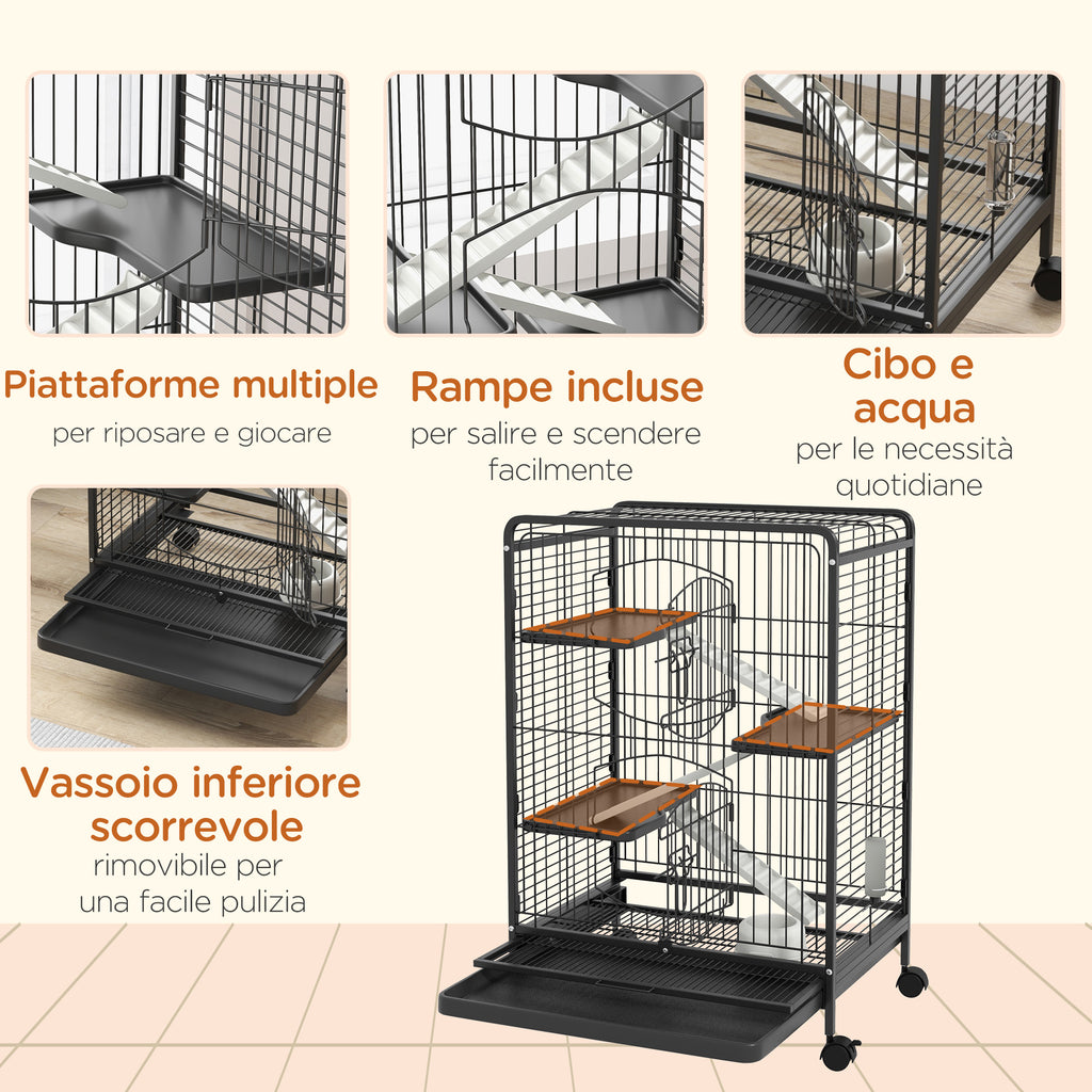 Small Animal Cage with Wheels, Rabbit and Chinchilla Cage with 3 Ramps and 3 Platforms, Bowl and Bottle, 61.5x44x95 cm, Black