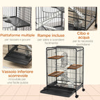 Small Animal Cage with Wheels, Rabbit and Chinchilla Cage with 3 Ramps and 3 Platforms, Bowl and Bottle, 61.5x44x95 cm, Black