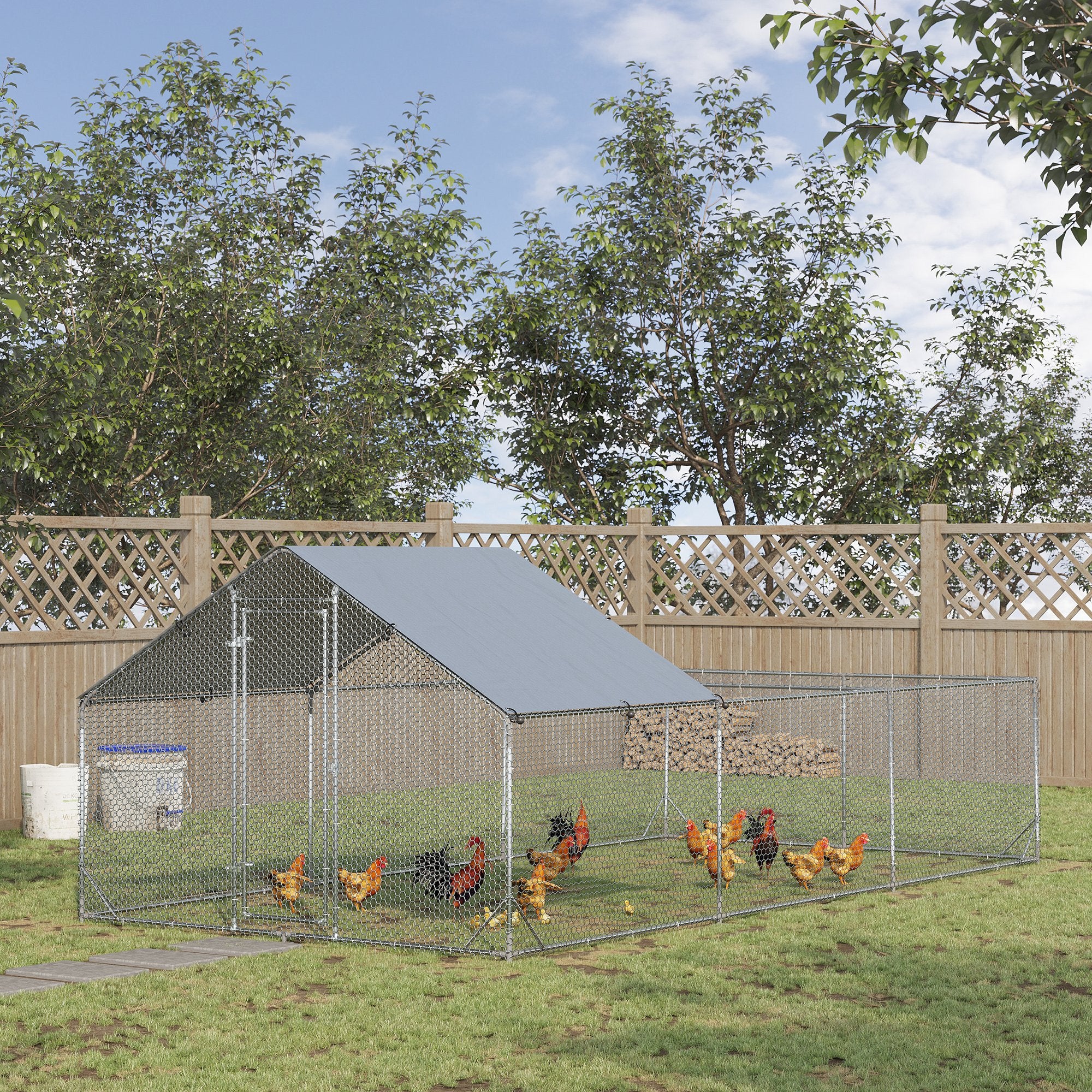 Garden Chicken Coop for 15-18 Chickens in Galvanized Steel and PE with Roof and Lock, 600x300x195 cm