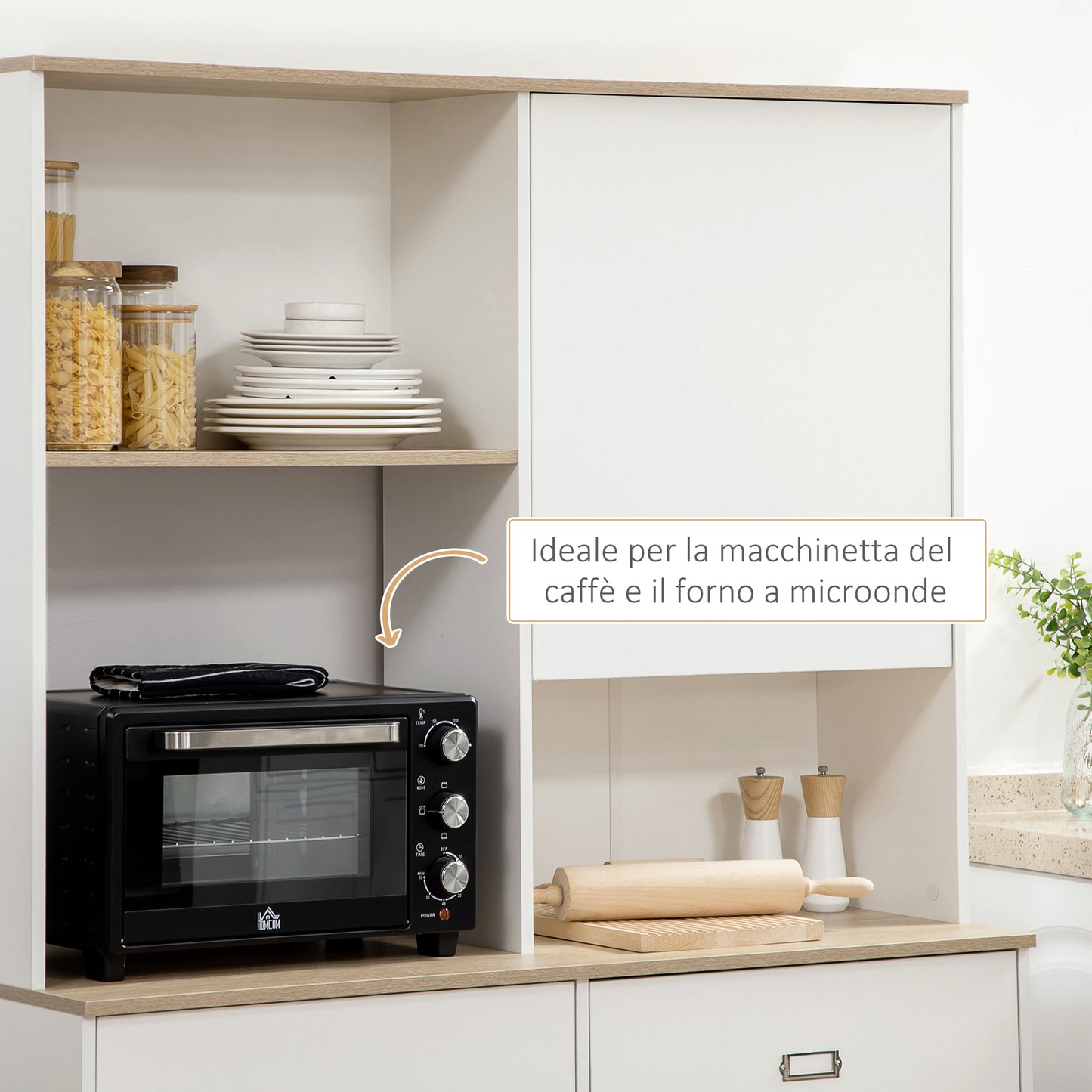 Kitchen Pantry in Chipboard and MDF with Open Shelves, Cabinets and Drawer, 119x41x180 cm, White